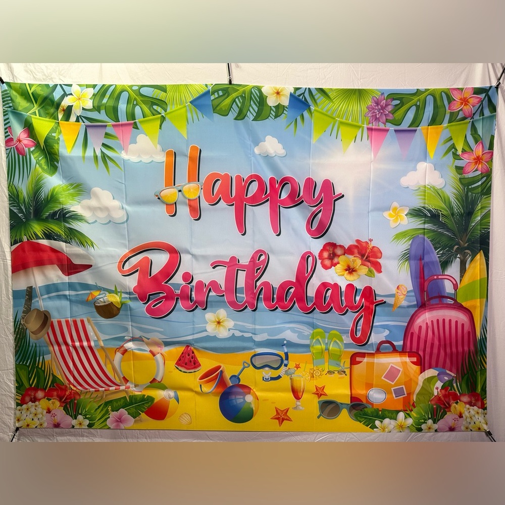 Summer Beach Party Happy Birthday Backdrop Banner 7x5 Ft.